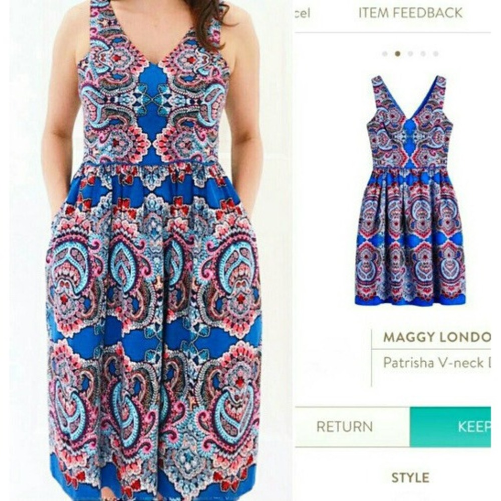 Maggy London Patrisha Blue Paisley Sateen Fit & Flare Dress 12 NWT